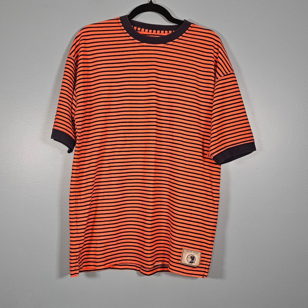 DUCK HEAD Apparel Company Men's Orange Navy Striped Crew Neck Shirt Size Medium